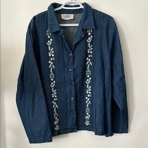 Vintage Blue Denim jeans Floral Embroidered Shirt